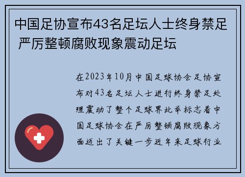 中国足协宣布43名足坛人士终身禁足 严厉整顿腐败现象震动足坛